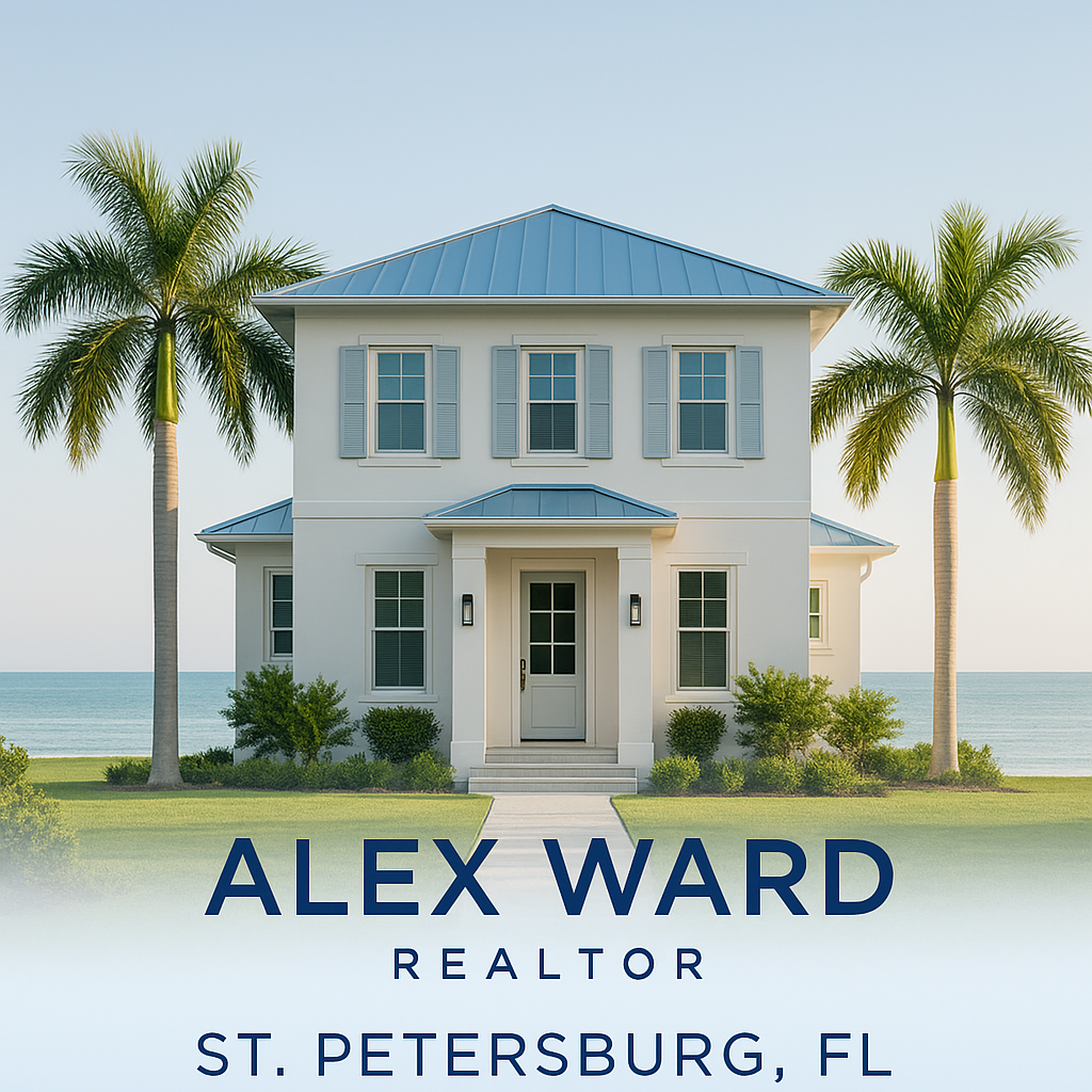 A welcoming Florida-style home with palm trees and sunset sky, used as a background image for a real estate website promoting Alex Ward, a St. Petersburg-based realtor.